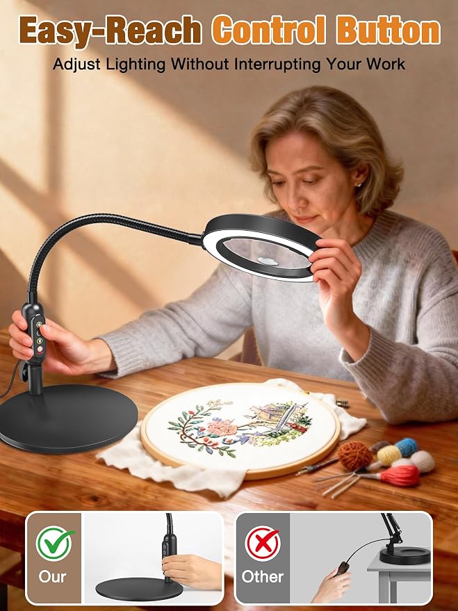 30X 10X Magnifying Glass with Light and Stand, 5 Color Modes Stepless Dimmable, Optical Grade HD Lens, LED Lighted Magnifier Hands Free with 20.5in Flexible Gooseneck for Close Work - Black