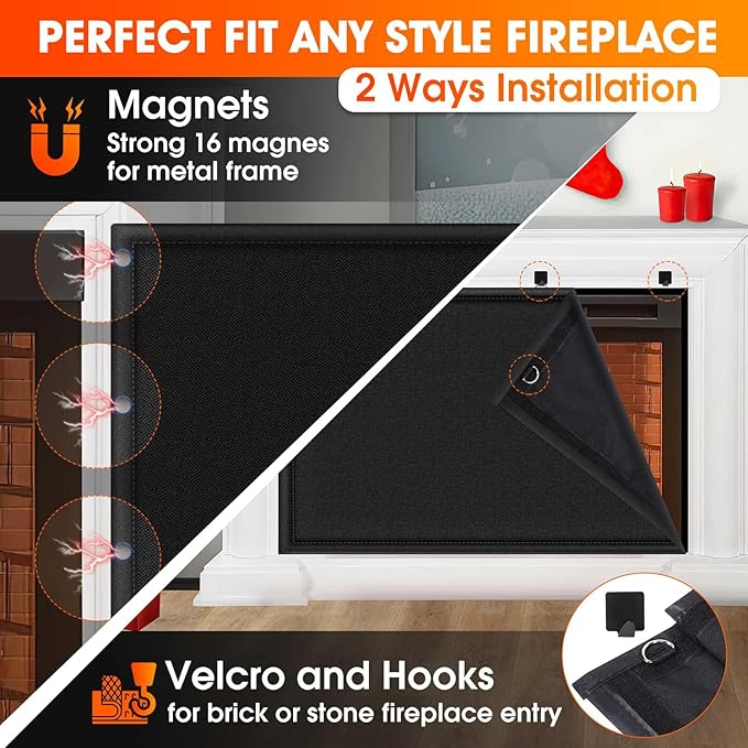 CADARA Fireplace Blocker Blanket Stops Heat Loss, Magnetic Fireplace Draft Stopper, Indoor Fire Place Draft Cover with Hook and Loop Tapes, Cold Air Blocker Save Energy, Black 51" W x 39" H