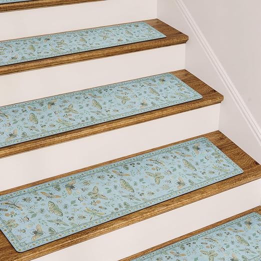 OJIA Insect Stair Treads Non-Slip Stair Runners for Wooden Steps 4PC 30"x8" | Indoor Stair Runner Carpet Stair Treads Mats Staircase Step Treads for Kids & Dogs, Stair Covers, Blue