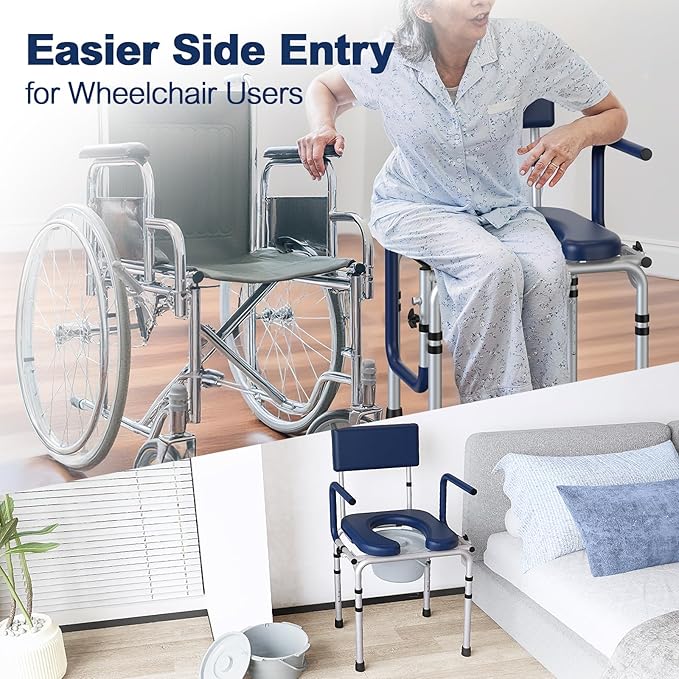 Drop Arm Bedside Commode, Commode Toilet with Padded Seat and Backrest, 300lbs Capacity, 6.3QT Removable Bucket and Splash Guard, Adjustable Height Portable Toilet for Adults, Blue