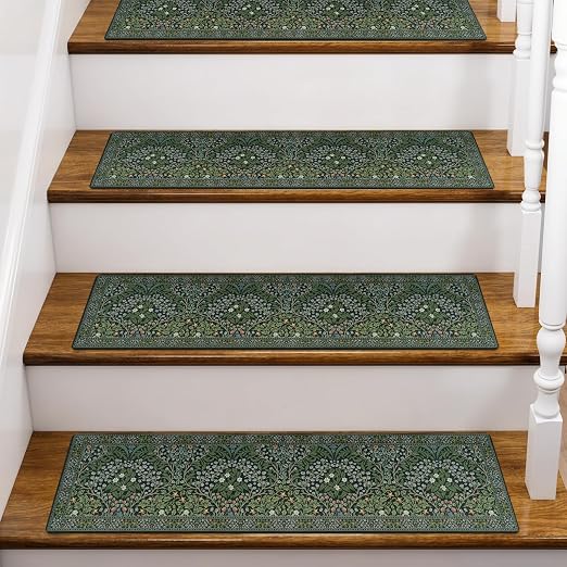 OJIA Stair Treads Non-Slip Stair Runners for Wooden Steps Indoor 4PC 30"x8" | Floral Carpet Stair Treads Stair Mats Staircase Step Treads for Kids, Elders and Dogs, Stair Covers, Green
