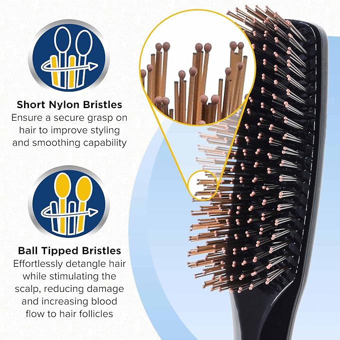 Giorgio Gentle Black Full Size Hair Brush – 7.75 Inch, Men, Women & Kids, Soft Bristles for Sensitive Scalp, Detangler Brush, Scalp Massager, Wet or Dry