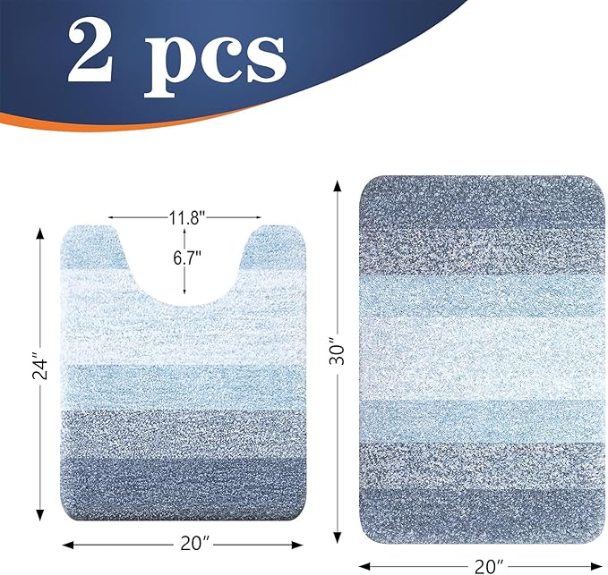 OLANLY Bathroom Rug Set 2 Piece, Soft Absorbent Microfiber Bath Mats and U-Shaped Contour Toilet Rug, Non-Slip, Machine Wash Dry, Plush Shaggy Bath Mats for Bathroom (30"x20"+U24 x20, Blue)