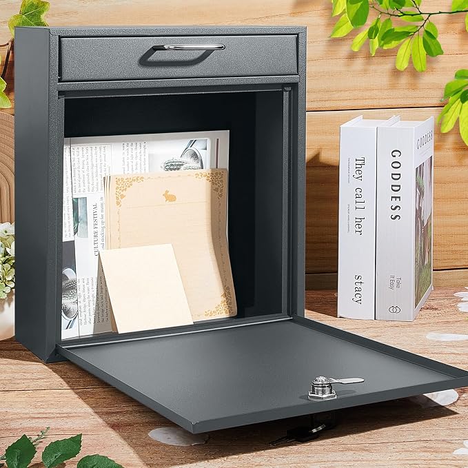 Yaocom Locking Mailbox with Key for Outdoor 12 x 10.5 x 4.7 Inches Large Wall Mount Mail Box with Lock Security Mail Drop Metal Collection Boxes Hanging Secure Postbox(Dark Gray)