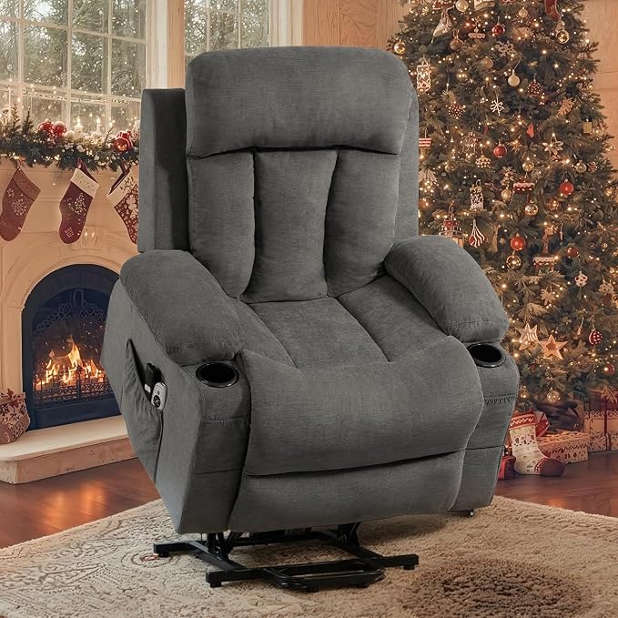 Power Lift Recliner Chair for Elderly, Electric Lift Chair with Vibration Massage and Lumbar Heat, Reclining Chair with USB Charging Port, Cup Holders, Ergonomic Sofa for Living Room, Grey