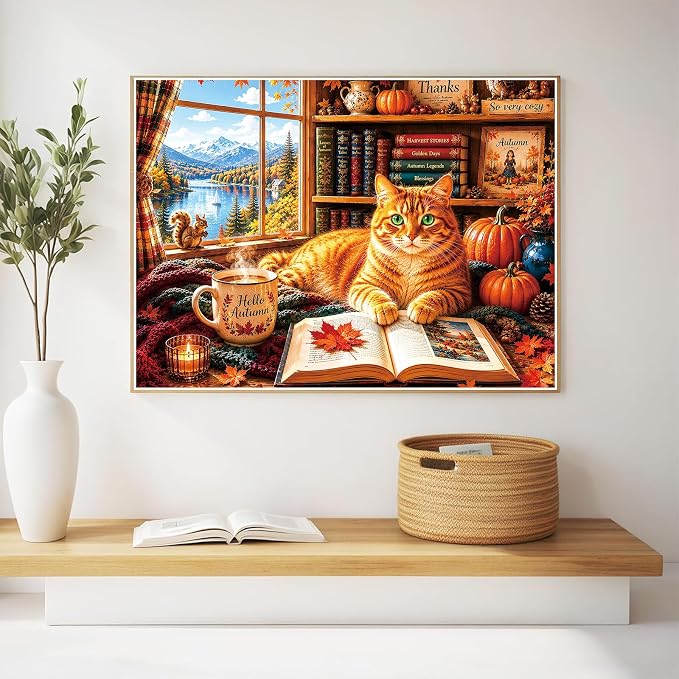 300 Piece Jigsaw Puzzle for Kids & Adults – Cozy Cat Reading Room Scene with Open Book, Vintage Library, Autumn Window View & Warm Home Decor, Family Puzzle Gift for Boys Girls Ages 8+, 20.5 x 15 in
