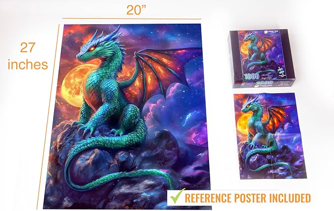 Adult Jigsaw Puzzle 1000 Piece Gothic Dragon | Features a vivid Fantasy Dragon Under the Moonlight scene. — Great for game nights on a table, puzzleboard, or floor.