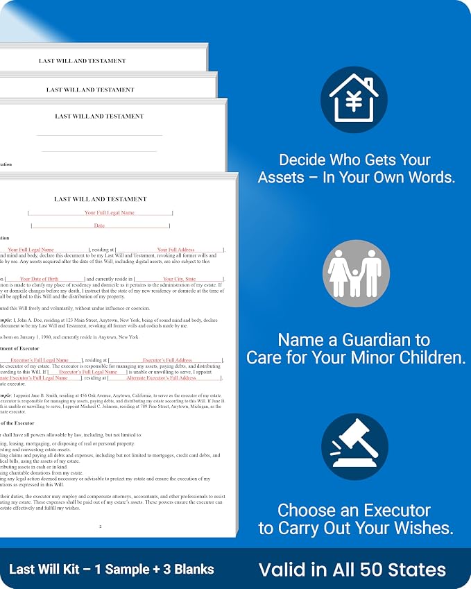 2026 4-in-1 Estate Planning Kit – Includes Last Will, Living Trust & Power of Attorney Forms – Lawyer-Prepared Templates with Instructions – Valid in All 50 States（3pcs）