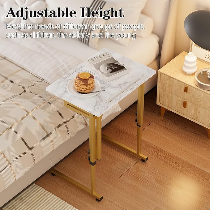 Folding tv Tray Dinner Snack Table,6 Height Adjustable Slide Under Couch Side Table, Portable Small Foldable C-Shaped End Table for Eating with Sturdy MDF Top,No Assembly(White Marble+Gold)