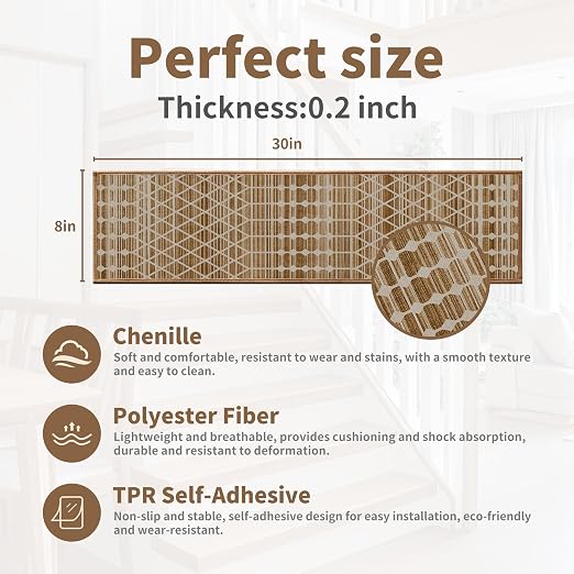 Non Slip Stair Treads for Wooden Steps, 15 Pack 8"x30" Washable Carpet | 8x30 in soft chenille polyester stair treads with reusable TPE backing for indoor wood stairs, dogs, kids, and seniors