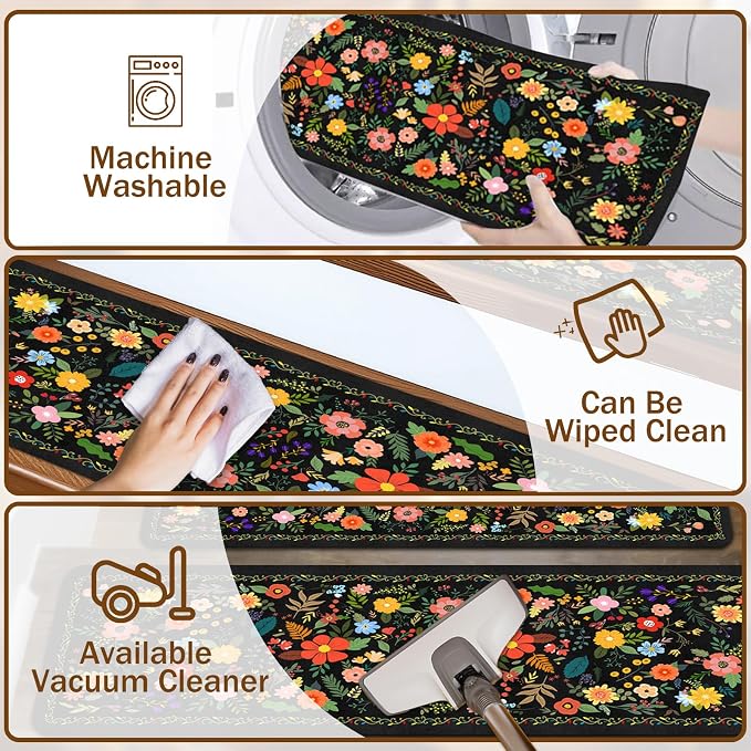 Floral Stair Treads for Wooden Steps Non-Slip 8"X30" 15PCS Flower Stair Carpet Rubber Backing Stair Runner Reusable Stair Rugs Indoor Safety Stair Mats for Elders Kids Dogs Black