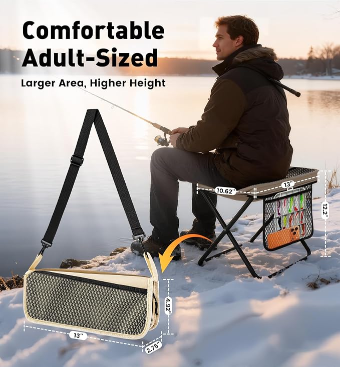 2 Pack Portable Folding Stools for Adults, 13" Height Collapsible Backpack Seat with Side Pocket, Anti-Pinch Camping Stool for Travel Fishing Hiking, 220 Lbs Capacity, Khaki