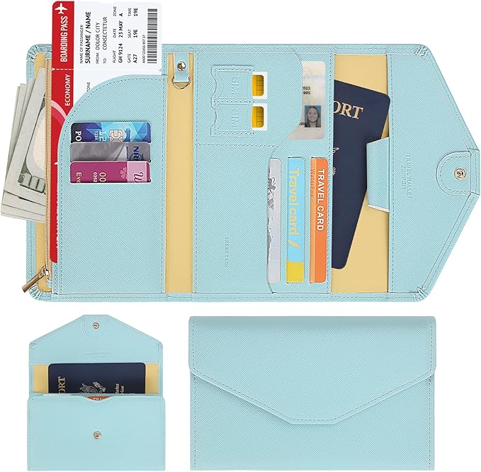 Passport Holder Travel Wallet Organizer for Women,Paradise Blue | RFID secure, 6 card slots, 27 sim pockets, passport holder with zip-around wallet, slim fit for women travelers.