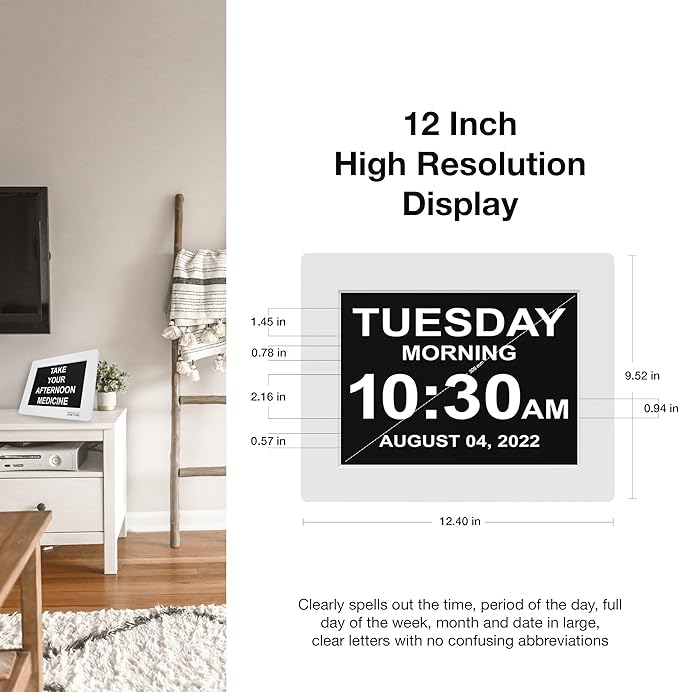 American Lifetime New 2025 Dementia Clock Large for Seniors, Digital Clock Large Display with Custom Alarms, Clock with Day & Date for Elderly, Number Digital Clock 12 Inches White
