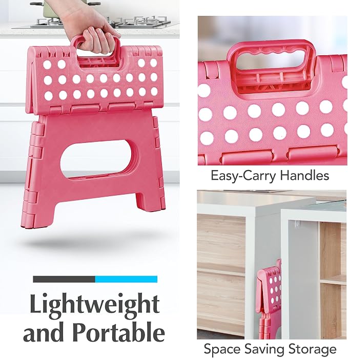 Handy Laundry Folding Step Stool 9 Inch 2 Pack, Holds 300 lbs, Non-Slip | Foldable Collapsible Plastic Stools for Adults and Kids with Handle, Lightweight for Kitchen, Bathroom, Bedroom, Pink