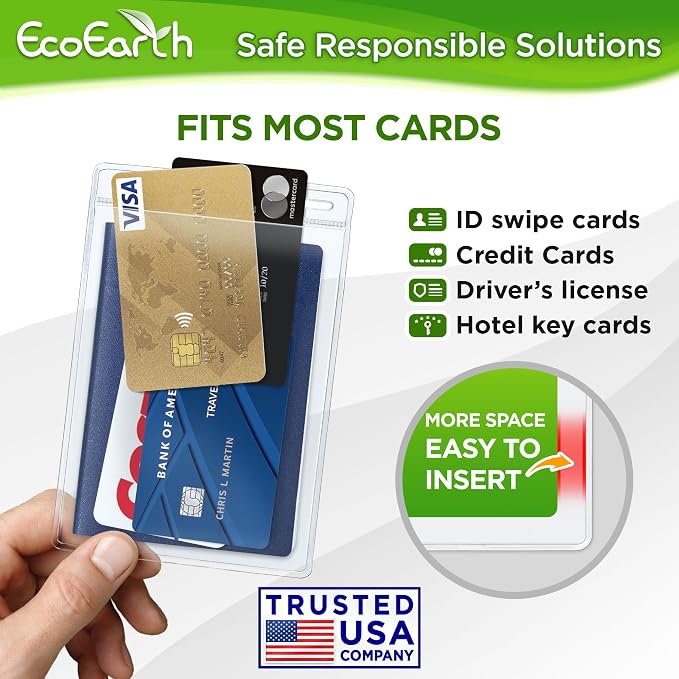 Passport, ID Card, Name Badge Holders - 4x6, 250 PK, Vertical Zipperless | EcoEarth clear plastic identification card holders with soft edge, quick loading, pre-punched holes for all lanyard clips