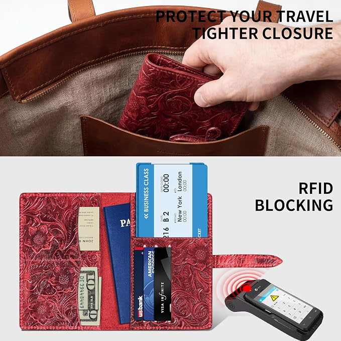 Genuine Leather Passport Holder Travel Bifold Wallet | For Men And Women Slim RFID Blocking Red