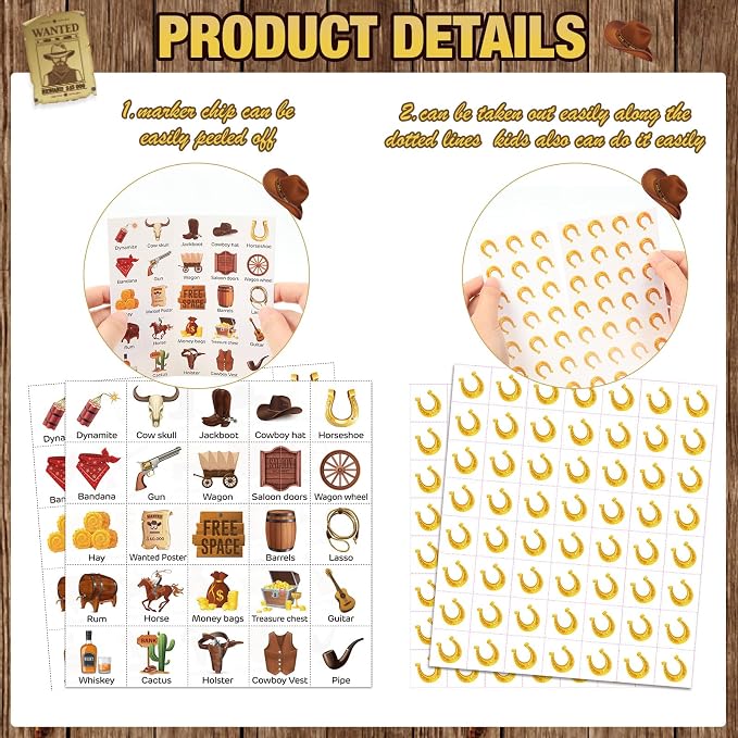 Liliful 35 Pcs Western Bingo Cards 24 Players Bingo Games Wild West Party Games for Kids Boys Girls Adults Family Classroom Activity Birthday Baby Shower Party Favors Supplies(Cowboy)