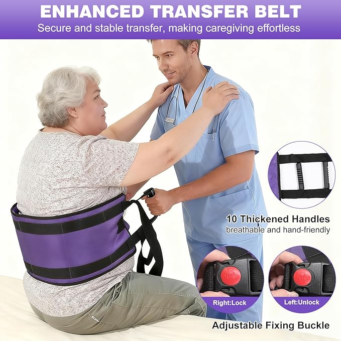 Rhino Valley Transfer Sling, Gait Belt with 10 Padded Handles, Non-Slip Nursing Transfer Belt, Safety Standing and Lifting Aid for Disabled, Elderly, Seniors, Injured, Purple+Black