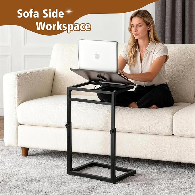 facka C Shaped TV Tray Table, Adjustable Height & 0-60° Tilt for Couch | C Table Sofa Side End Table with Stopper Ledge, Couch Table for Eating, Laptop, Reading & Small Spaces Brown