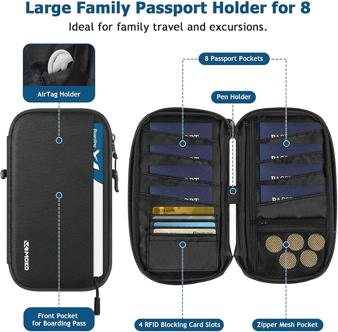 MoKo Family Passport Holder for 8, RFID Blocking Wallet with Airtag Hole | Passport Travel Wallet with Airtag Hole & Shoulder Strap, Travel Documents Organizer for Tickets, Cards, Cash, Keys, Black
