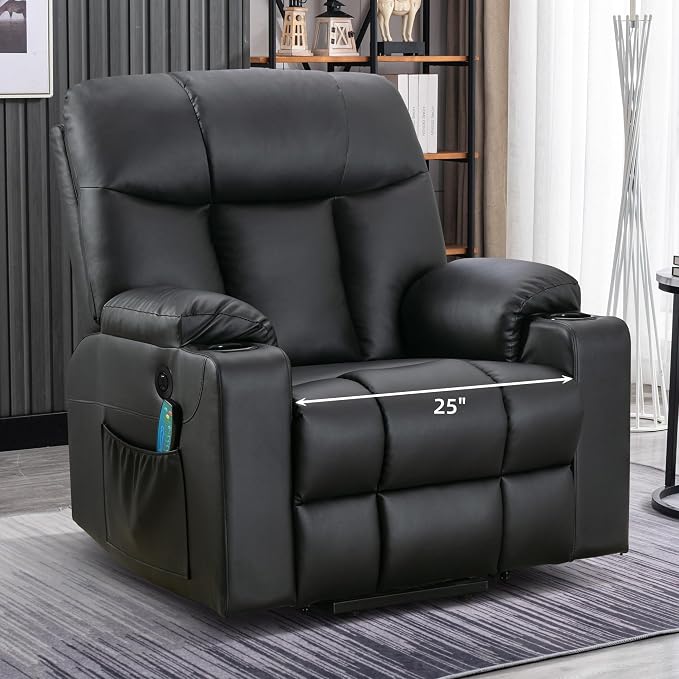 Bonzy Home Power Lift Recliner Chair with Heat and Massage, Faux Leather | Oversized Lift Chair for Adults Elderly Upholstered Massage Recliner with 2 Cup Holders, Side Pocket, Black