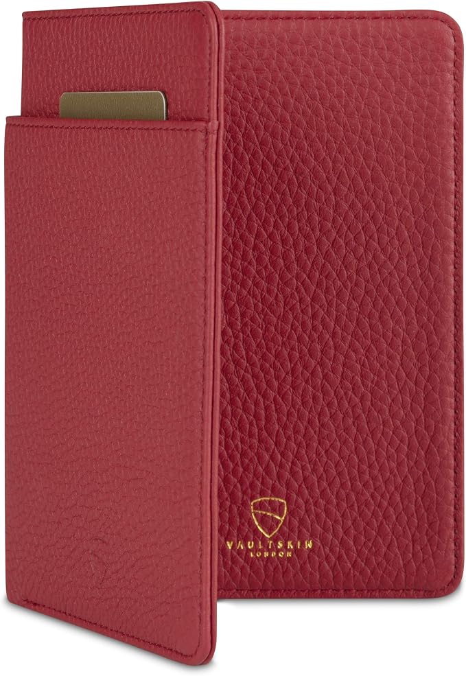 Vaultskin KENSINGTON Passport Holder for Travel, RFID Wallet (Red) | Slim genuine leather book cover, small case for men and women, inner sleeve, cards, cash, scan blocking protection, gift box