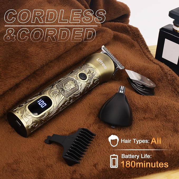 Ufree Hair Clippers for Men, Cordless Beard Trimmer, Grooming Kit, Bronze | T-Blade, 6500RPM, 1-22mm Adjustable Comb, Type-C, 180min Runtime, for Beard, Stubble, Nose and Crisp Edges, Men Gift
