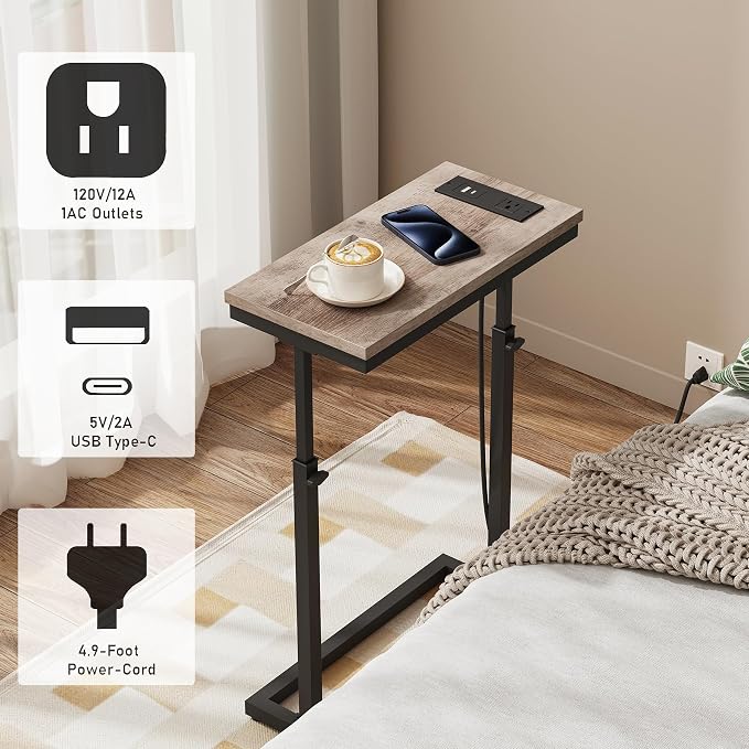TUTOTAK End Table with Charging Station, Side Table, Tall Couch Table | Sofa Table, for living Room, Bedroom, Greige TB01BG084