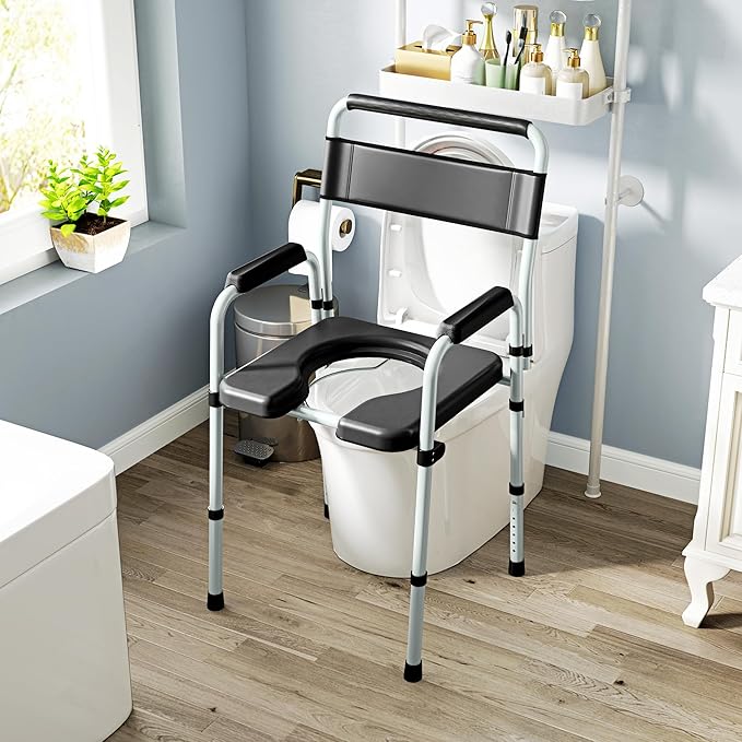 HOMCOM 4 in 1 Bedside Commode Shower Chair Portable Toilet Raised Toilet Seat with Handle for Seniors, Adults, Handicap, Adjustable Height, Black