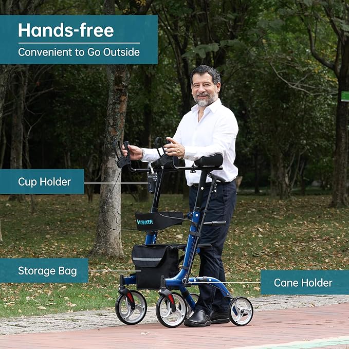 ELENKER Upright Walker, Stand Up Folding Rollator Walker Back Erect Rolling Mobility Walking Aid with Seat, Padded Armrests for Seniors and Adults, Blue