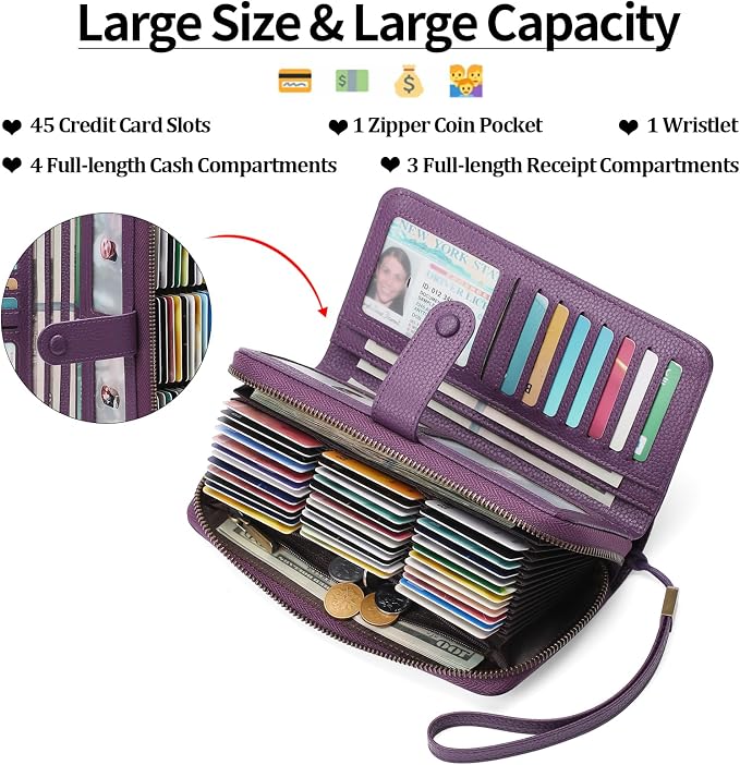 GAEKEAO Leather Credit Card Holder Wallet for Women RFID Blocking Large Capacity Bifold Zipper Card Case Organizer with Wristlet 45 Slots