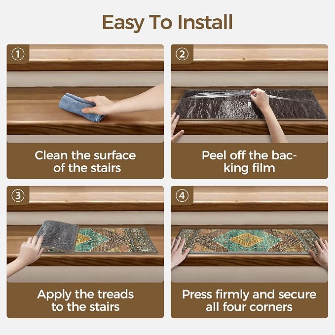 sarben 8"x30" Non Slip Stair Treads for Wooden Steps 15 Pack, Amber Cyan | Peel and Stick Carpet Stair Runner with TPE Adhesive Backing, Carpet for Added Safety, Pet and Senior Friendly