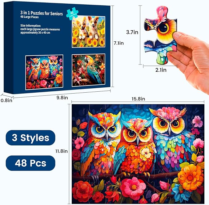 3 Packs Large Piece Puzzle for Seniors - Dementia 48 Pieces Puzzles for Elderly Adults,Alzheimer’s Puzzles Memory Cognitive Games for Elderly Seniors with 3 Storage Bags