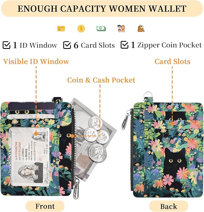 Hancynir Black Cat Slim Wallet Women Credit Card Holder, Cute Small RFID | Zipper Pocket Wallet, Thin Travel Coin Purse, PU Leather, Minimalist Card Case, 6 Card Slots, ID Window, Ladies Women Gifts