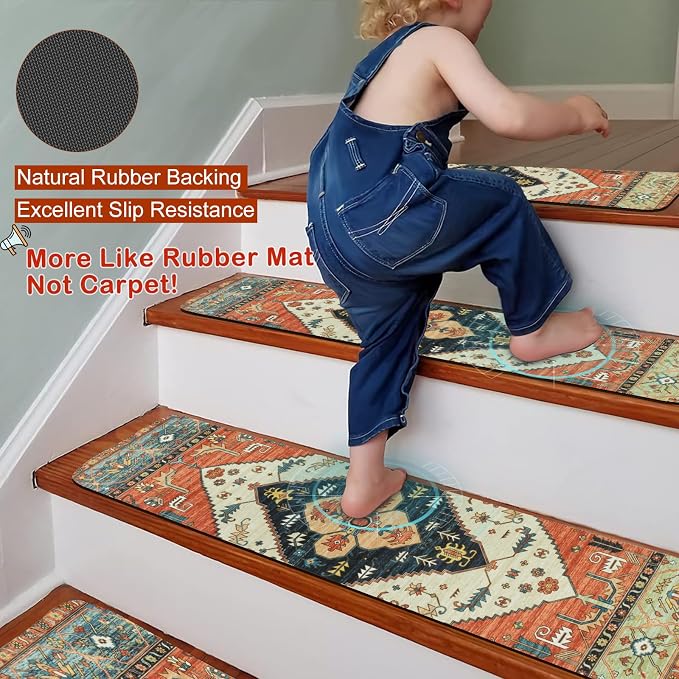 OJIA Non-Slip Carpet Stair Treads for Wooden Steps 15PC 30"X8" Stair Runner | Indoor Stair Runners for Wood Steps Non Slip Rubber Stair Carpet Safety Mats for Dogs, Kids & Elders, Stairway Grip Covers