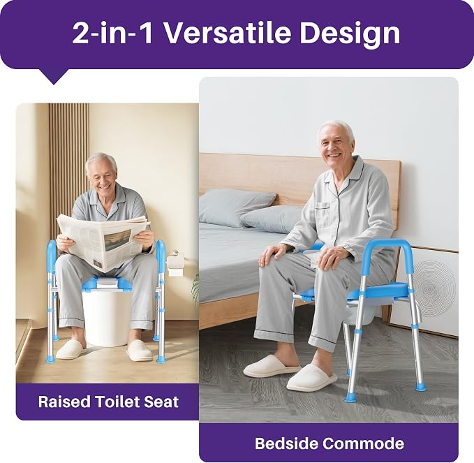 KEKOY Toilet Seat Risers for Seniors, Adjustable Size, Bedside Commode | Padded Elevated with Handles, Fits Most Heights Builds,Tool Free Install,Fits Most Round Elongated Toilets for Handicap, Blue