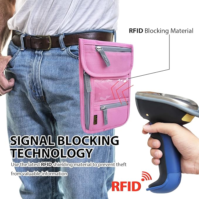 Travel Neck Wallet, RFID Blocking Passport Holder with Adjustable Neck Strap for Men and Women to Keep Cash, Credit Cards and Travel Documents Safe - Pink