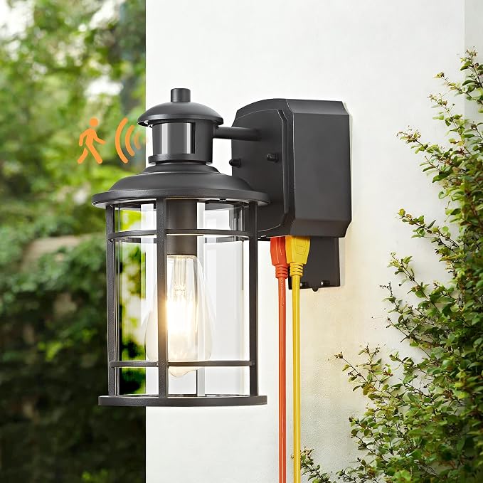Patio Wall Light Fixture with Dual GFCI Outlets, Outdoor Light with Outlet, Motion Sensor with 3 Sensor Modes & Dusk-to-Dawn, Vintage Industrial Black Outdoor Lantern, for Porch Patio Garage Entryway