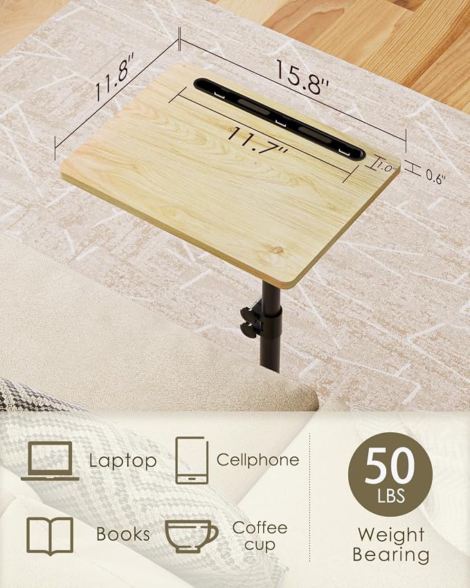 Masupu Sofa Arm Tray Table - 360° Swivel Height Adjustable End Table, Small Snack Side Table for Couch, C Shaped Table for Bed, Chair or TV Tray Table(Natural)