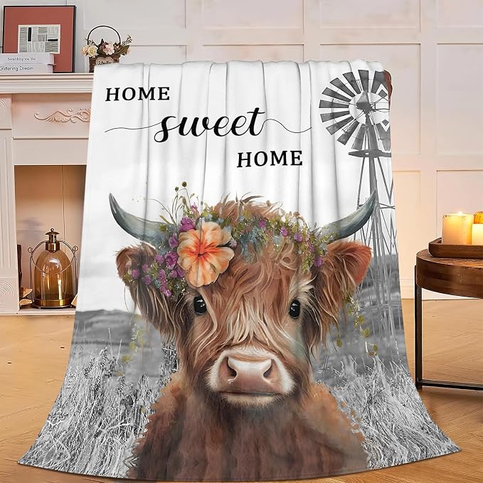 Highland Cow Blanket Soft Cozy Cattle Fleece Plush Throw Blanket Warm Lightweight Cute Farm Animal Stuff Decor Flannel Blanket Gifts for Girls Boys Lovers Adults Women Men Bed Travel 60"x80"