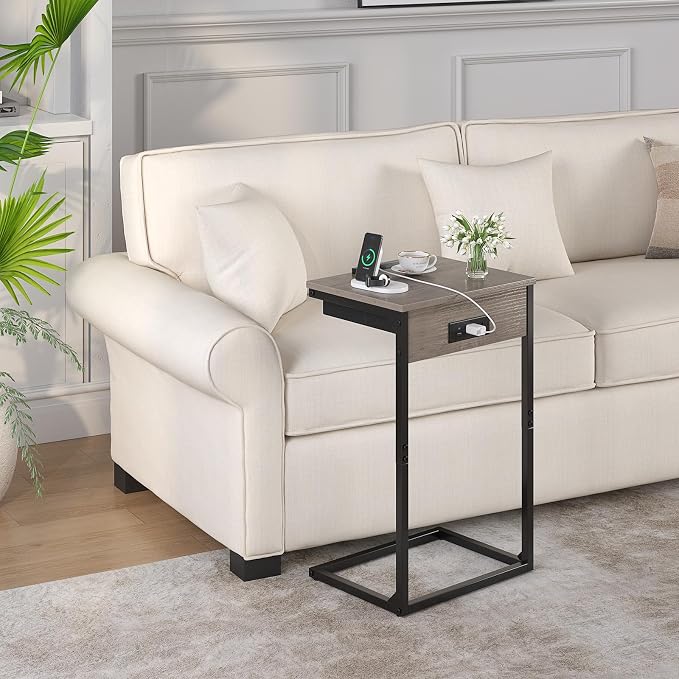 sthmec C Shaped End Tables with Charging Station, 45° Tiltable Adjustable Flip Top Side Table with Storage,Small C Table for Small Spaces,Slide Under Couch Sofa Bedside Tables for Living Room, Grey