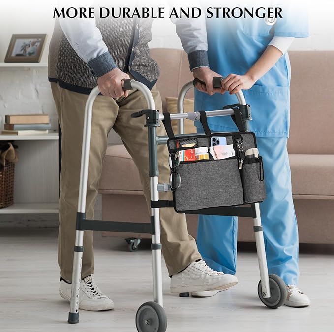 Walker Accessories for Seniors - Folding Walker Bag with Cup Holder, Storage Basket, and Organizer Pouch, Grey