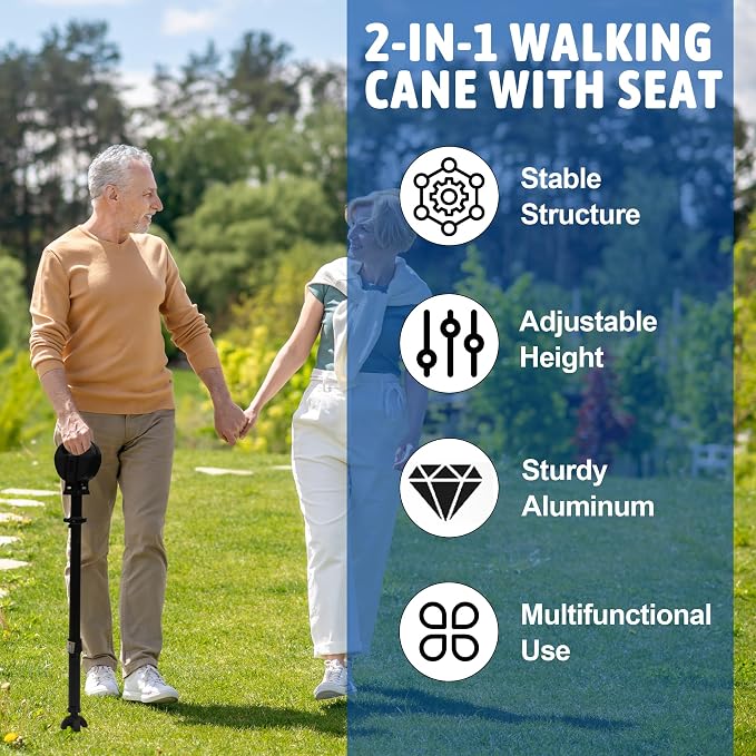 Walking Cane with Seat, Cane Chair with Cushion Folding Lightweight Portable Seat for Adults Seniors Camping Hiking Travelling