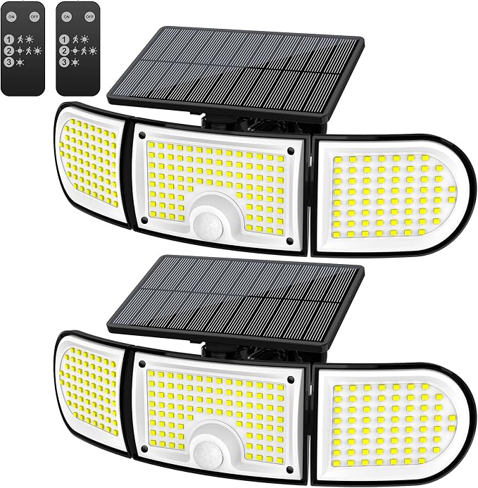 Solar Motion Sensor Lights Outdoor, 3000LM 218 LED 3 Heads Security Flood Light with Remote Control, IP65 Waterproof 270° Wide Angle Solar Wall Lights 3 Modes for Garage,Yard,Patio,2 Pack
