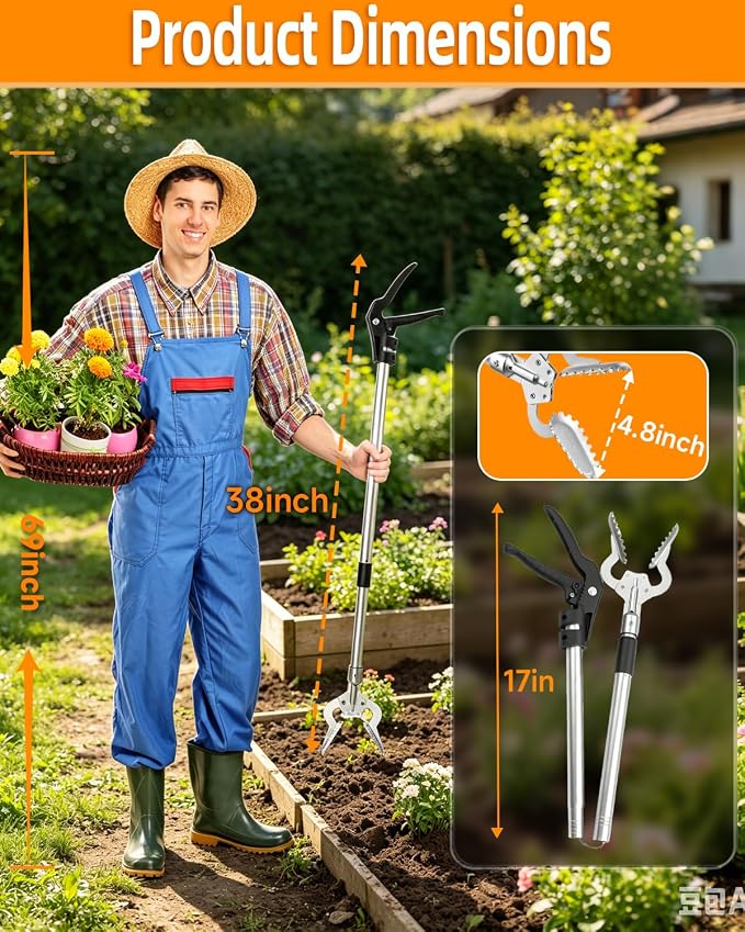 Heavy Duty Reacher Grabber Pickup Tool,38inch Short Fireplace Fits Grabber Reacher Tool Aluminum Alloy Trash Picker Wide Jaws Hollow Wood Grabber Tool Log BBQ Tongs with Study Durable Handle