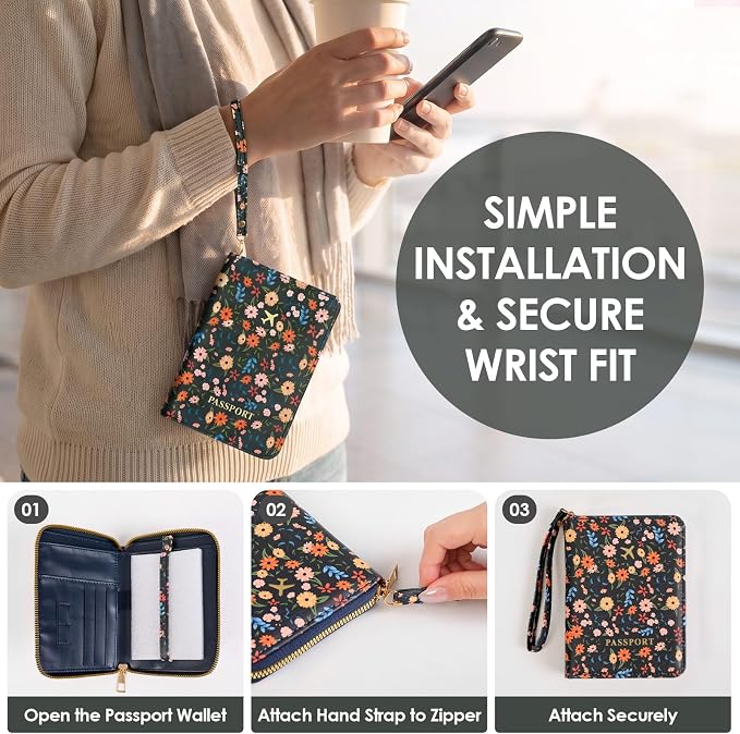 KONVINIT Black Floral Passport Holder For Travel, Passport Cover For Women | Leather RFID Blocking Passport Holder, Cute Passport Wallet with Zipper Closure, Passport Case for Women and Men