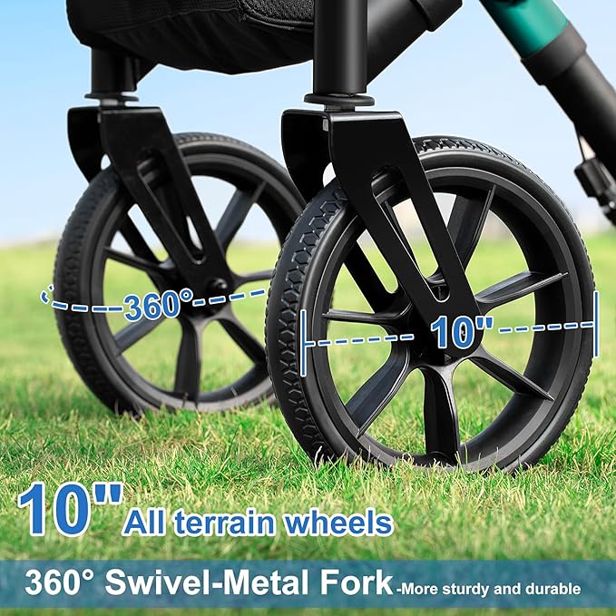 WALK MATE Rollator Walker for Seniors Taller 5.3~7ft with Height-Adjustable Seat, 10 Inch Wheels Wire-Hidden Walkers Compact Folding Design Lightweight Mobility Walking Aid Widen Backrest, Green