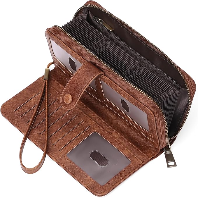 GAEKEAO Leather Credit Card Holder Wallet for Women RFID Blocking Large Capacity Bifold Zipper Card Case Organizer with Wristlet 45 Slots