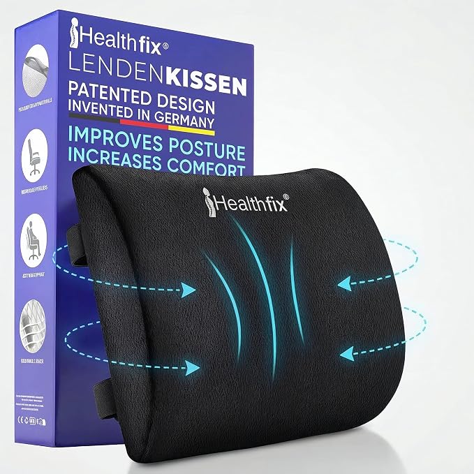 Healthfix® Ergonomic Lumbar Support Pillow – Expertly Designed in Germany – Improves Posture & Relieves Back Pain – Memory Foam Back Cushion for Office Chair & Couch - Firm (185-300 lbs)